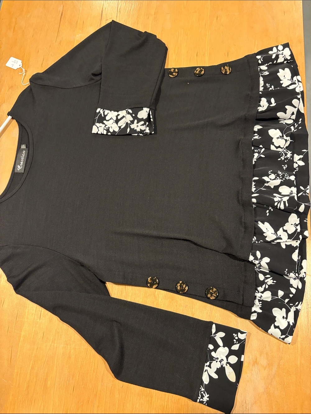 Creation ~ Black White Long-Sleeve Crewneck Top Floral Trim